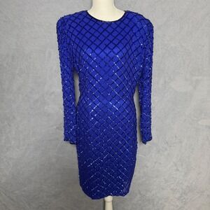 Niteline Size 16 Vintage 90s Blue Silk Beaded Sequin Sheath Dress